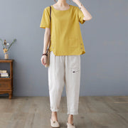 Buddha Stones Summer Plain Button Side Slit Design Women's Cotton Linen Crew Neck T-Shirt Wtih Pocket