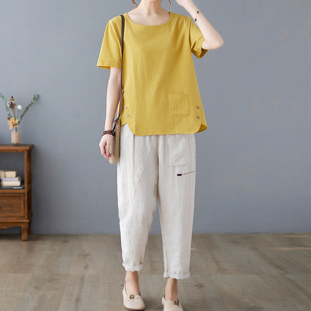 Buddha Stones Summer Plain Button Side Slit Design Women's Cotton Linen Crew Neck T-Shirt Wtih Pocket