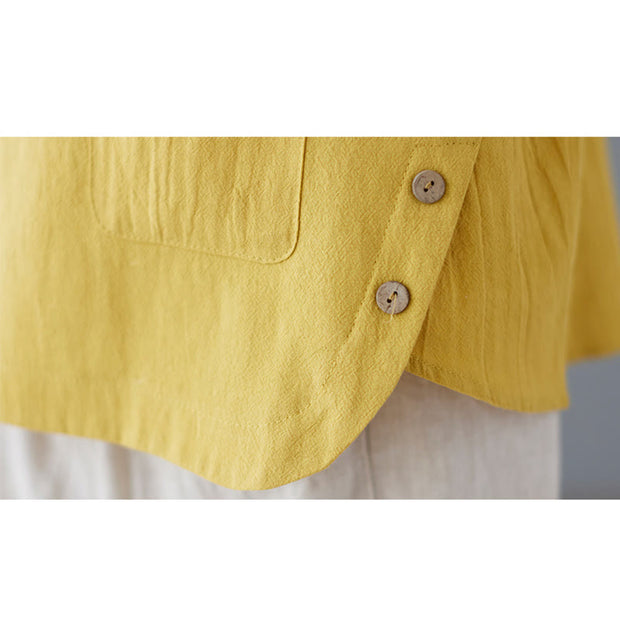 Buddha Stones Summer Plain Button Side Slit Design Women's Cotton Linen Crew Neck T-Shirt Wtih Pocket