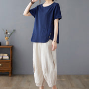 Buddha Stones Summer Plain Button Side Slit Design Women's Cotton Linen Crew Neck T-Shirt Wtih Pocket