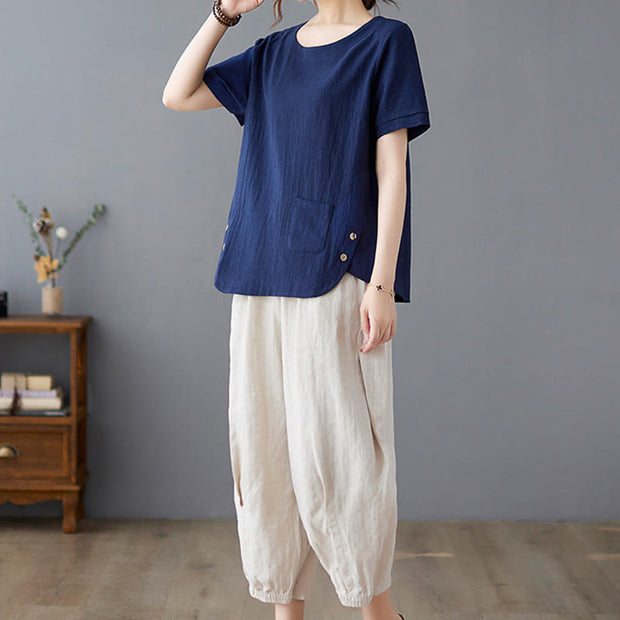 Buddha Stones Summer Plain Button Side Slit Design Women's Cotton Linen Crew Neck T-Shirt Wtih Pocket
