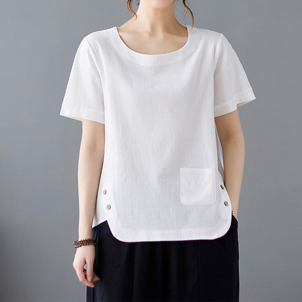 Buddha Stones Summer Plain Button Side Slit Design Women's Cotton Linen Crew Neck T-Shirt Wtih Pocket