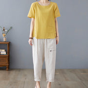 Buddha Stones Summer Plain Button Side Slit Design Women's Cotton Linen Crew Neck T-Shirt Wtih Pocket