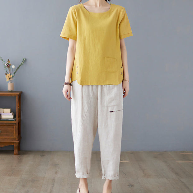 Buddha Stones Summer Plain Button Side Slit Design Women's Cotton Linen Crew Neck T-Shirt Wtih Pocket