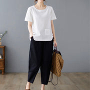 Buddha Stones Summer Plain Button Side Slit Design Women's Cotton Linen Crew Neck T-Shirt Wtih Pocket