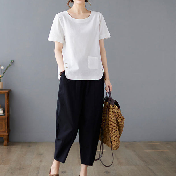 Buddha Stones Summer Plain Button Side Slit Design Women's Cotton Linen Crew Neck T-Shirt Wtih Pocket