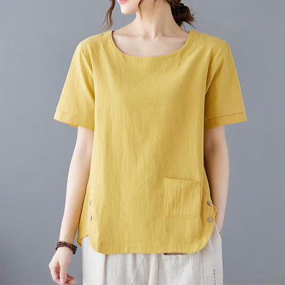 Buddha Stones Summer Plain Button Side Slit Design Women's Cotton Linen Crew Neck T-Shirt Wtih Pocket