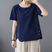 Buddha Stones Summer Plain Button Side Slit Design Women's Cotton Linen Crew Neck T-Shirt Wtih Pocket