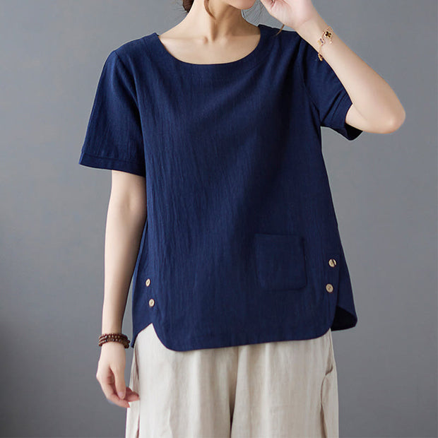 Buddha Stones Summer Plain Button Side Slit Design Women's Cotton Linen Crew Neck T-Shirt Wtih Pocket