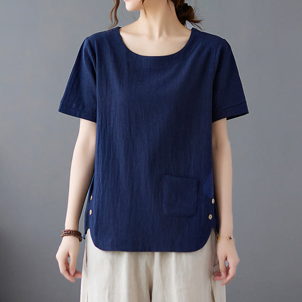 Buddha Stones Summer Plain Button Side Slit Design Women's Cotton Linen Crew Neck T-Shirt Wtih Pocket