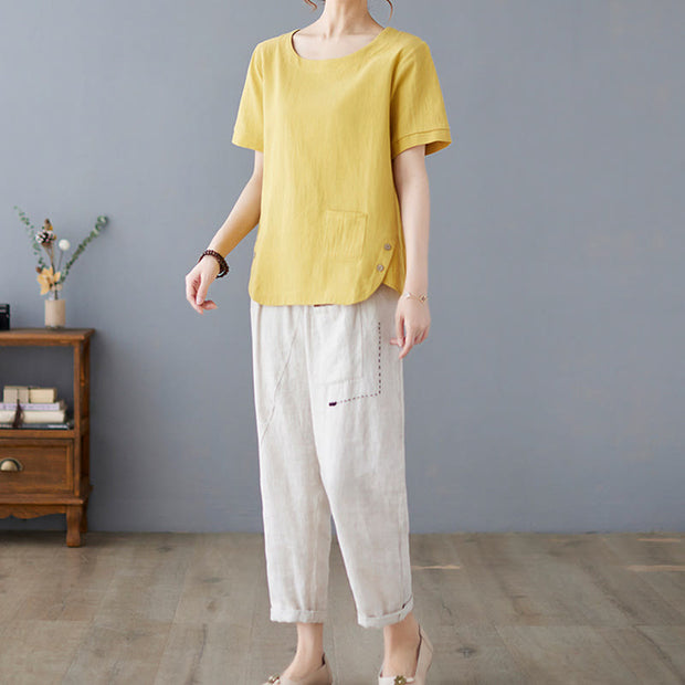 Buddha Stones Summer Plain Button Side Slit Design Women's Cotton Linen Crew Neck T-Shirt Wtih Pocket