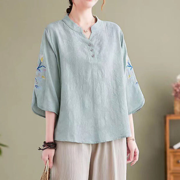 Buddha Stones Summer Embroidery Flower Three Quarter Sleeve Design Women's Cotton Linen  Notched Collar Shirt