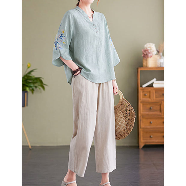 Buddha Stones Summer Embroidery Flower Three Quarter Sleeve Design Women's Cotton Linen  Notched Collar Shirt