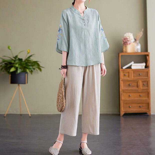 Buddha Stones Summer Embroidery Flower Three Quarter Sleeve Design Women's Cotton Linen  Notched Collar Shirt