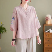 Buddha Stones Summer Embroidery Flower Three Quarter Sleeve Design Women's Cotton Linen  Notched Collar Shirt