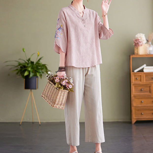 Buddha Stones Summer Embroidery Flower Three Quarter Sleeve Design Women's Cotton Linen  Notched Collar Shirt