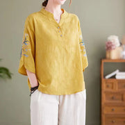 Buddha Stones Summer Embroidery Flower Three Quarter Sleeve Design Women's Cotton Linen  Notched Collar Shirt