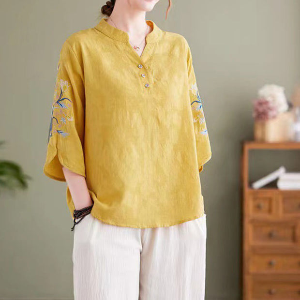 Buddha Stones Summer Embroidery Flower Three Quarter Sleeve Design Women's Cotton Linen  Notched Collar Shirt