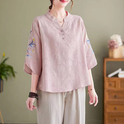 Buddha Stones Summer Embroidery Flower Three Quarter Sleeve Design Women's Cotton Linen  Notched Collar Shirt