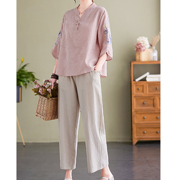 Buddha Stones Summer Embroidery Flower Three Quarter Sleeve Design Women's Cotton Linen  Notched Collar Shirt