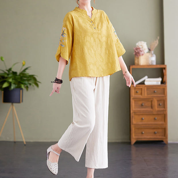 Buddha Stones Summer Embroidery Flower Three Quarter Sleeve Design Women's Cotton Linen  Notched Collar Shirt
