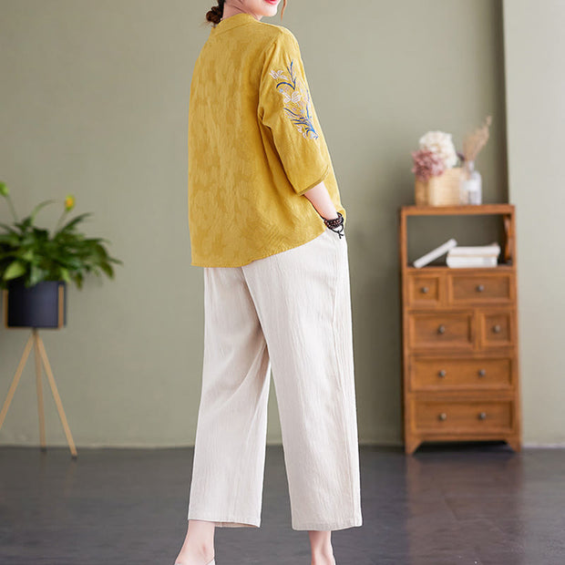 Buddha Stones Summer Embroidery Flower Three Quarter Sleeve Design Women's Cotton Linen  Notched Collar Shirt
