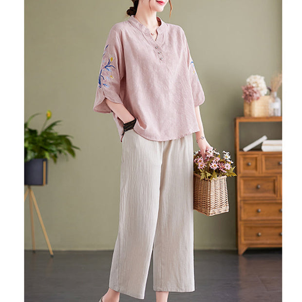 Buddha Stones Summer Embroidery Flower Three Quarter Sleeve Design Women's Cotton Linen  Notched Collar Shirt