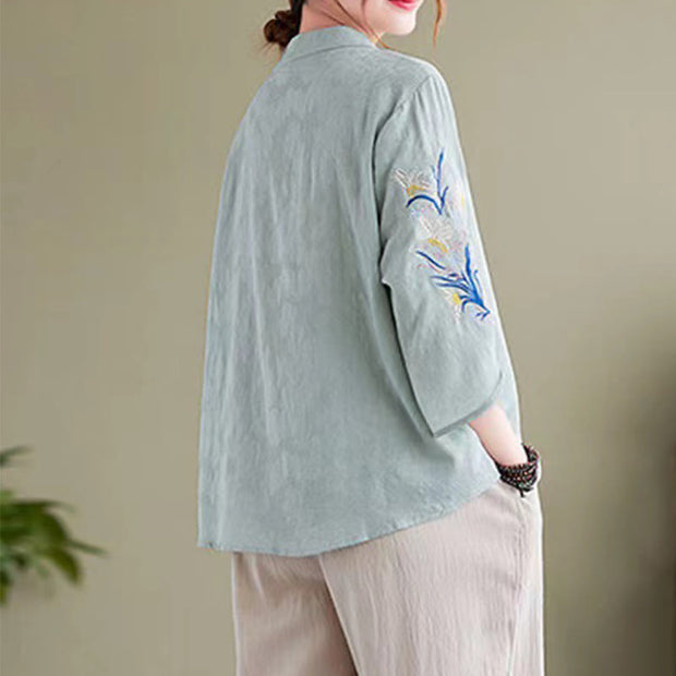 Buddha Stones Summer Embroidery Flower Three Quarter Sleeve Design Women's Cotton Linen  Notched Collar Shirt