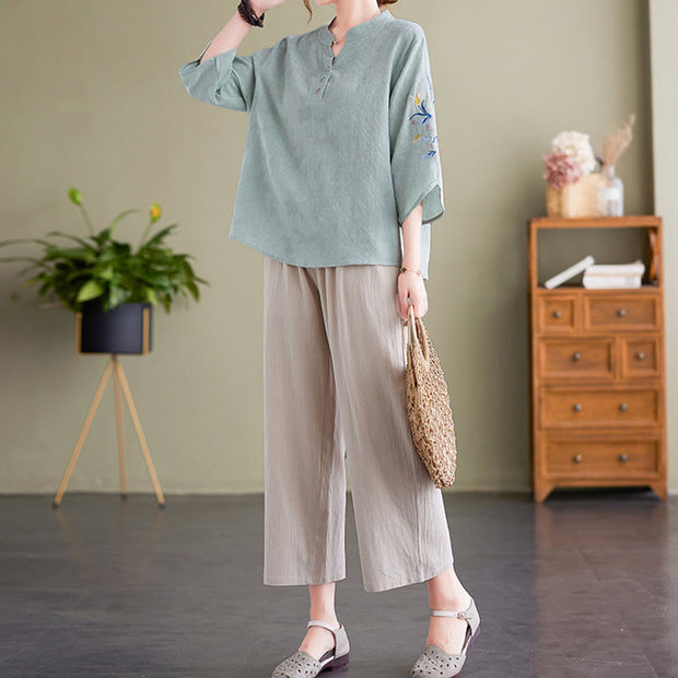 Buddha Stones Summer Embroidery Flower Three Quarter Sleeve Design Women's Cotton Linen  Notched Collar Shirt