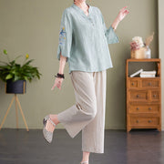 Buddha Stones Summer Embroidery Flower Three Quarter Sleeve Design Women's Cotton Linen  Notched Collar Shirt