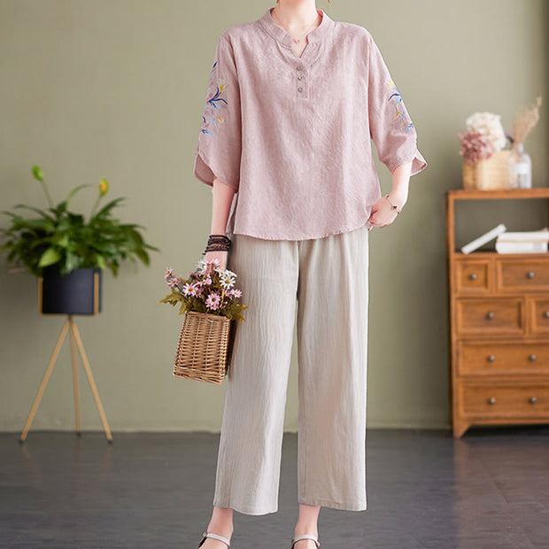 Buddha Stones Summer Embroidery Flower Three Quarter Sleeve Design Women's Cotton Linen  Notched Collar Shirt