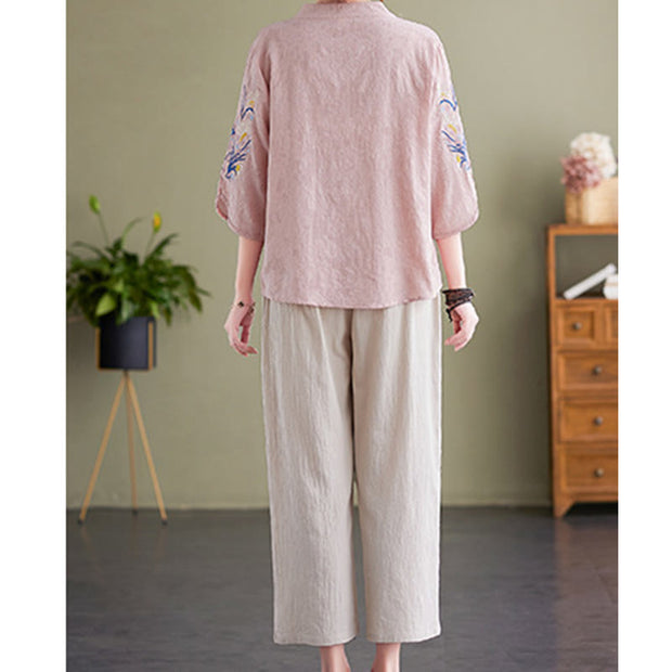 Buddha Stones Summer Embroidery Flower Three Quarter Sleeve Design Women's Cotton Linen  Notched Collar Shirt