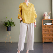 Buddha Stones Summer Embroidery Flower Three Quarter Sleeve Design Women's Cotton Linen  Notched Collar Shirt
