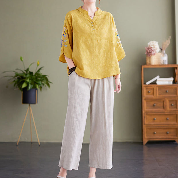 Buddha Stones Summer Embroidery Flower Three Quarter Sleeve Design Women's Cotton Linen  Notched Collar Shirt