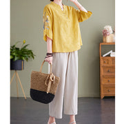 Buddha Stones Summer Embroidery Flower Three Quarter Sleeve Design Women's Cotton Linen  Notched Collar Shirt