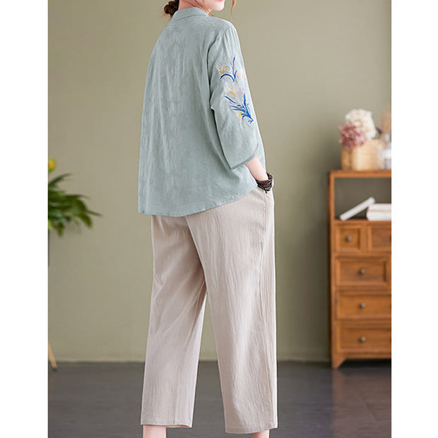 Buddha Stones Summer Embroidery Flower Three Quarter Sleeve Design Women's Cotton Linen  Notched Collar Shirt