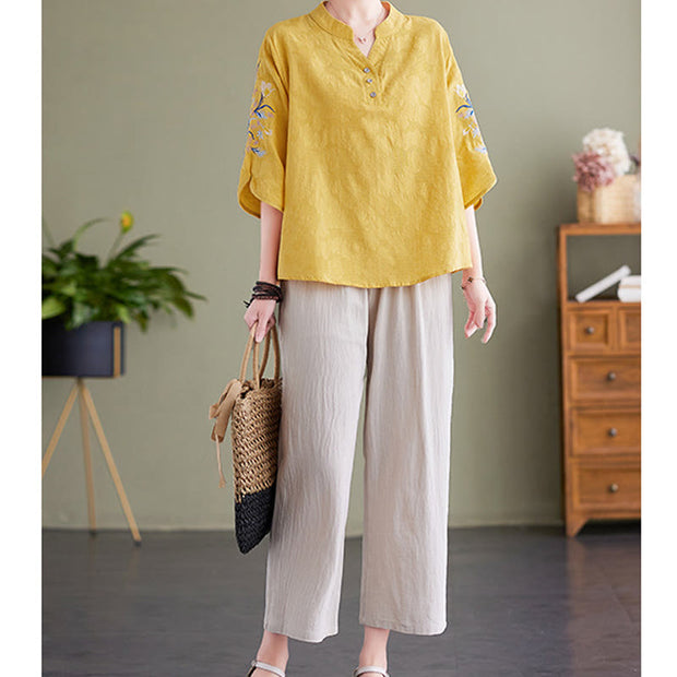 Buddha Stones Summer Embroidery Flower Three Quarter Sleeve Design Women's Cotton Linen  Notched Collar Shirt