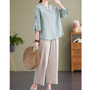 Buddha Stones Summer Embroidery Flower Three Quarter Sleeve Design Women's Cotton Linen  Notched Collar Shirt
