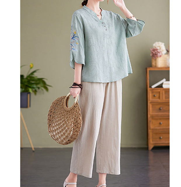 Buddha Stones Summer Embroidery Flower Three Quarter Sleeve Design Women's Cotton Linen  Notched Collar Shirt