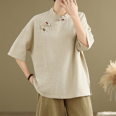 Buddha Stones Vintage Pure Color Chinese Frog-Button Stand Collar Design Women's Cotton Linen Half Sleeve Shirt