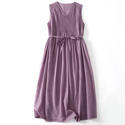 Buddha Stones Casual Vintage Solid Color Accordion Design Sleeveless Cotton Maxi Dress With Pockets