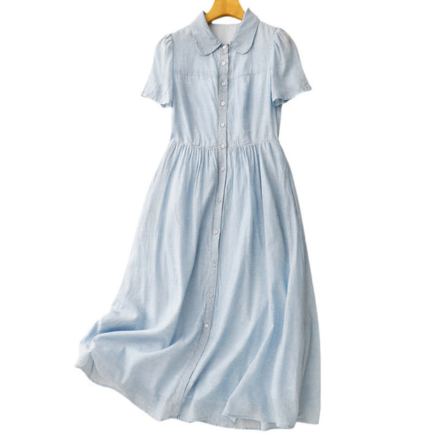 Buddha Stones Summer Casual Plain Front Button Design Cotton Linen Cardigan Maxi Dress With Pockets