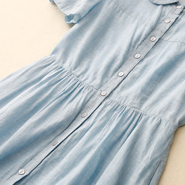 Buddha Stones Summer Casual Plain Front Button Design Cotton Linen Cardigan Maxi Dress With Pockets
