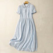 Buddha Stones Summer Casual Plain Front Button Design Cotton Linen Cardigan Maxi Dress With Pockets