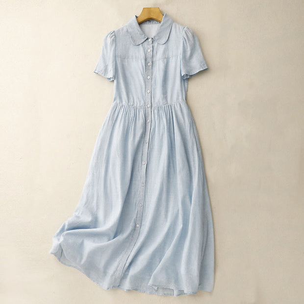 Buddha Stones Summer Casual Plain Front Button Design Cotton Linen Cardigan Maxi Dress With Pockets