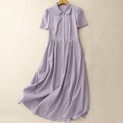 Buddha Stones Summer Casual Plain Front Button Design Cotton Linen Cardigan Maxi Dress With Pockets