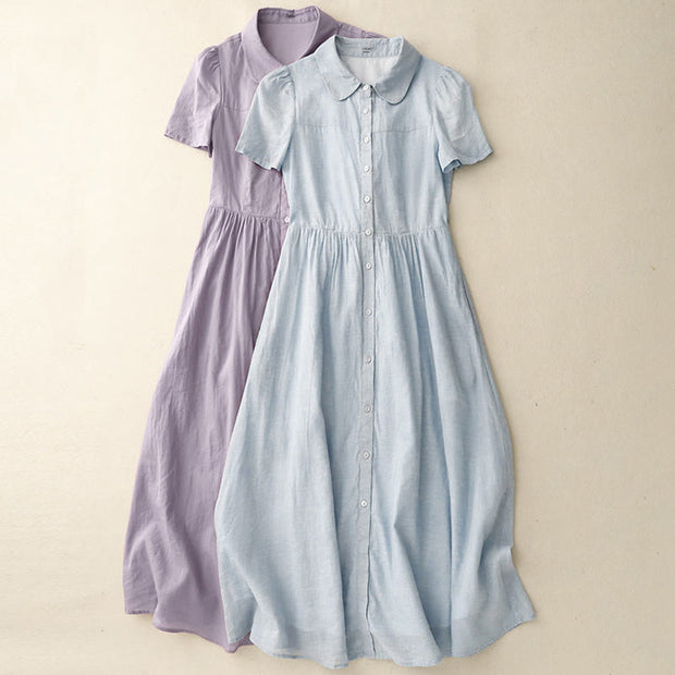 Buddha Stones Summer Casual Plain Front Button Design Cotton Linen Cardigan Maxi Dress With Pockets