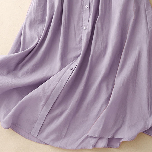 Buddha Stones Summer Casual Plain Front Button Design Cotton Linen Cardigan Maxi Dress With Pockets