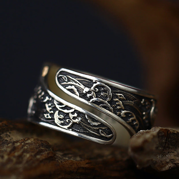 Buddha Stones Adjustable Opening 925 Sterling Silver Lucky Koi Fish Copper Coin Auspicious Clouds Wealth Ring