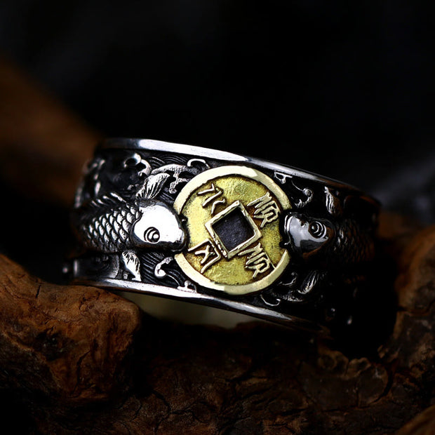 Buddha Stones Adjustable Opening 925 Sterling Silver Lucky Koi Fish Copper Coin Auspicious Clouds Wealth Ring